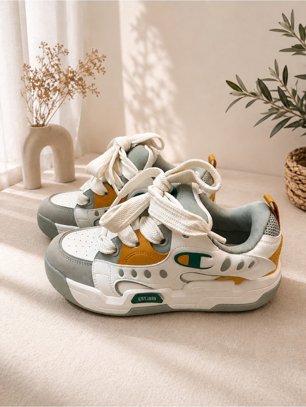 Champion White, Gray & Mustard Low-Top Sneakers